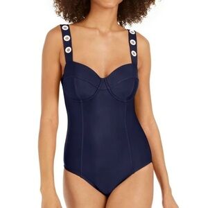 DKNY Women's Navy Stretch Lined Grommet Balconette Molded Cup One Piece Swimsuit
